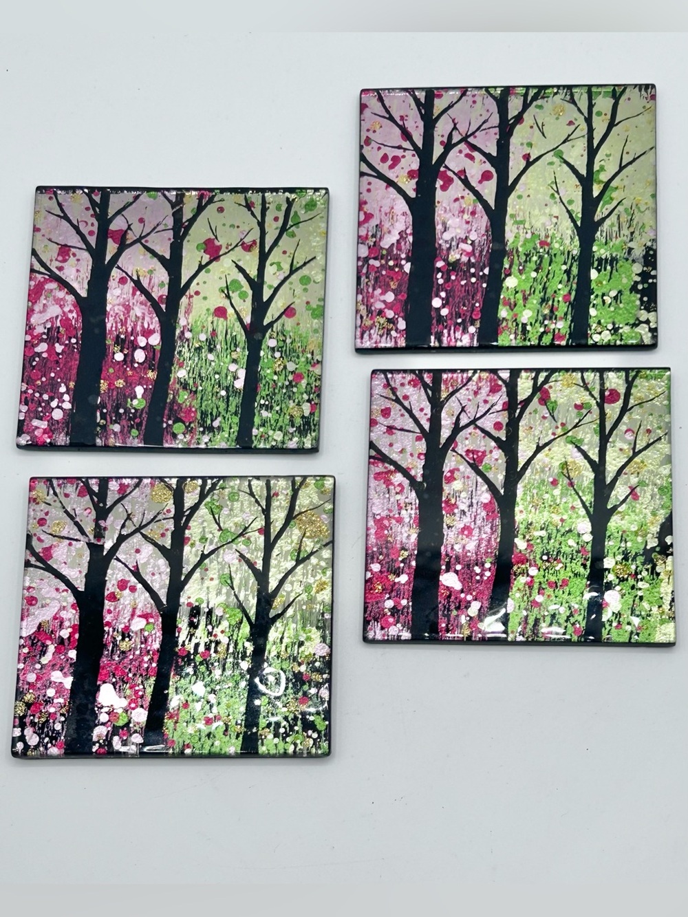 Tempered Glass Tile Trivet Coasters Shimmer Black Trees 3.75" Set of 4